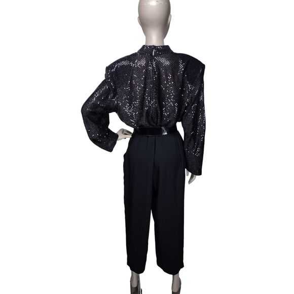 Vintage 80s Black High Shoulder Draped Deep V-Neck Sparkly Sequined Jumpsuit - Picture 9 of 10